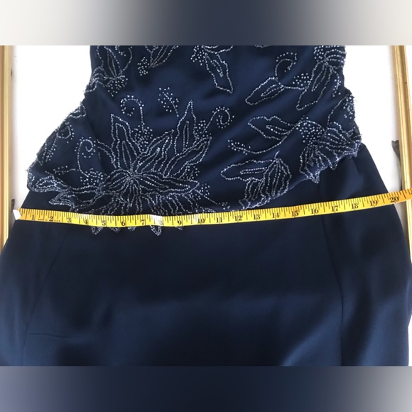 Long navy evening gown with sheer beaded overlay and sheer short jacket - Picture 7 of 8